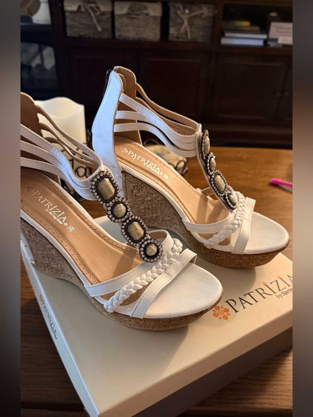 Patrizia by Spring Step white heel sandal w/ rhinestone and beaded details NIB